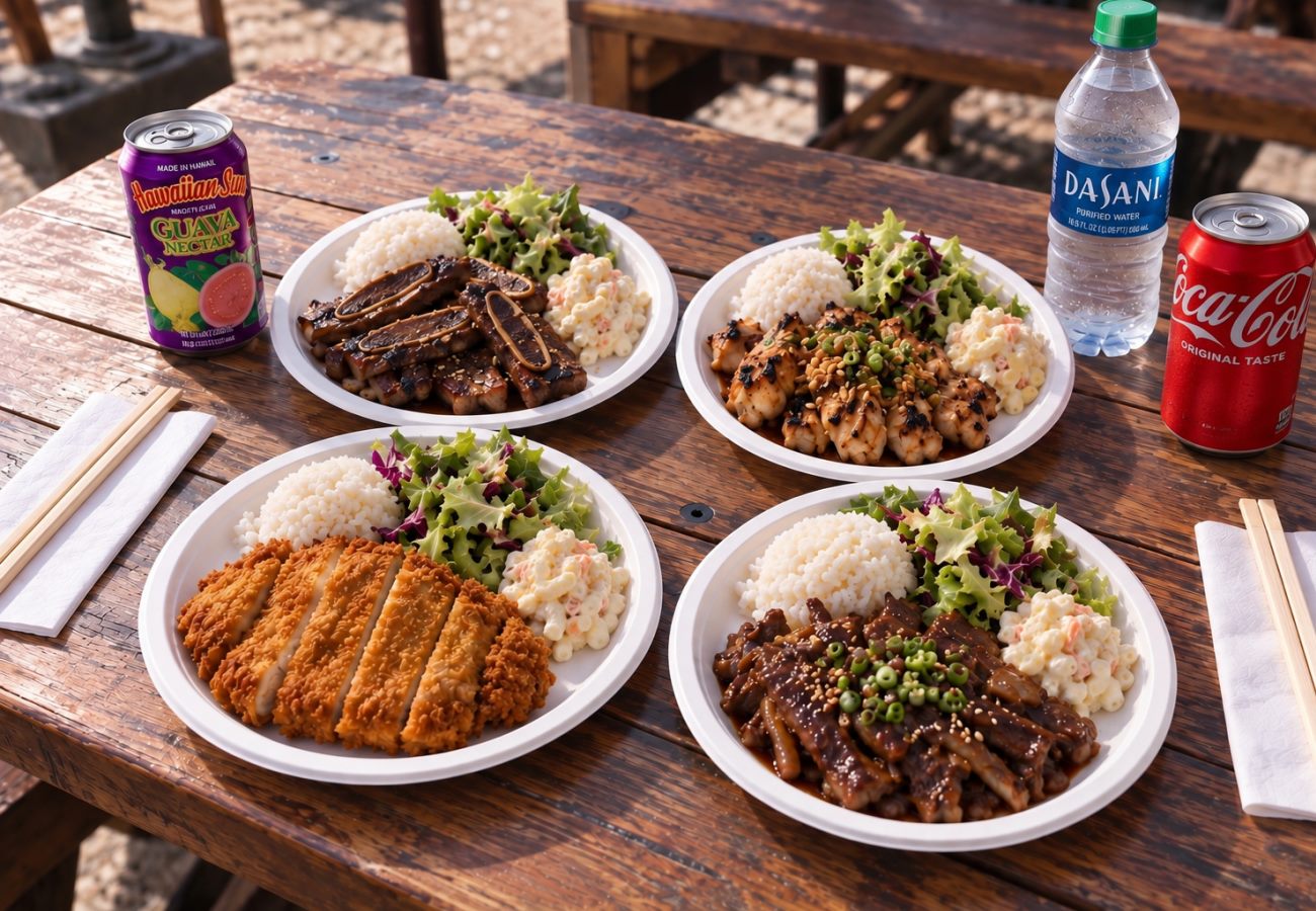 Hawaii plate lunch with rice and macaroni salad