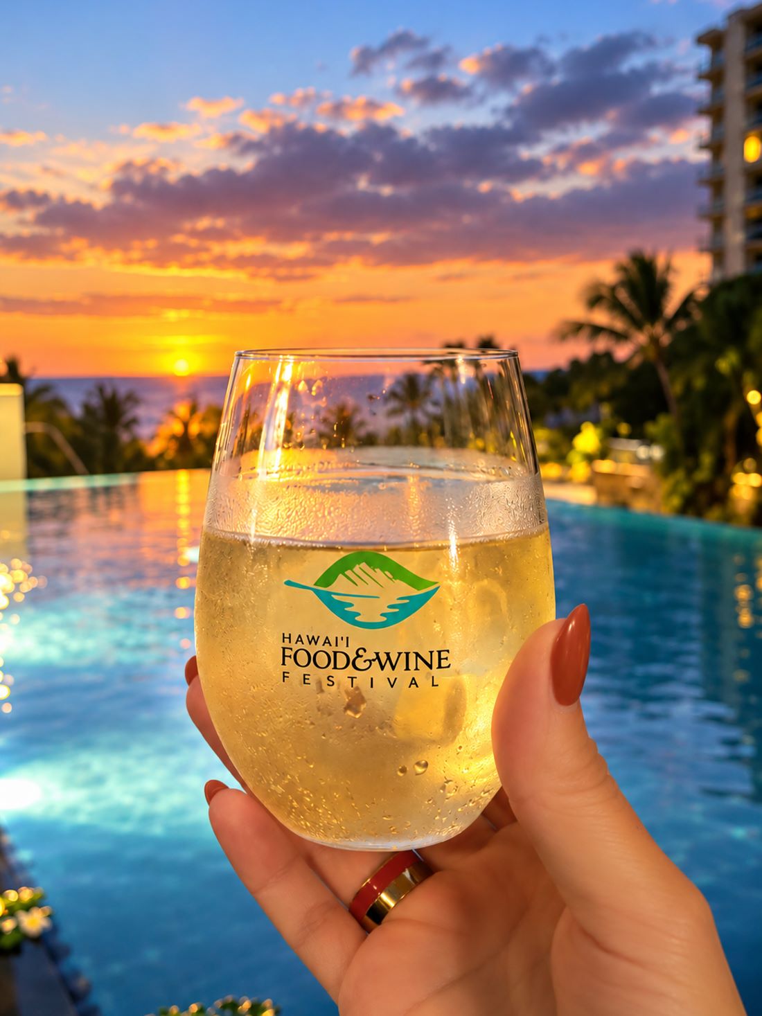 A Hawaii Food and Wine Festival glass at sunset above the pool at ʻAlohilani