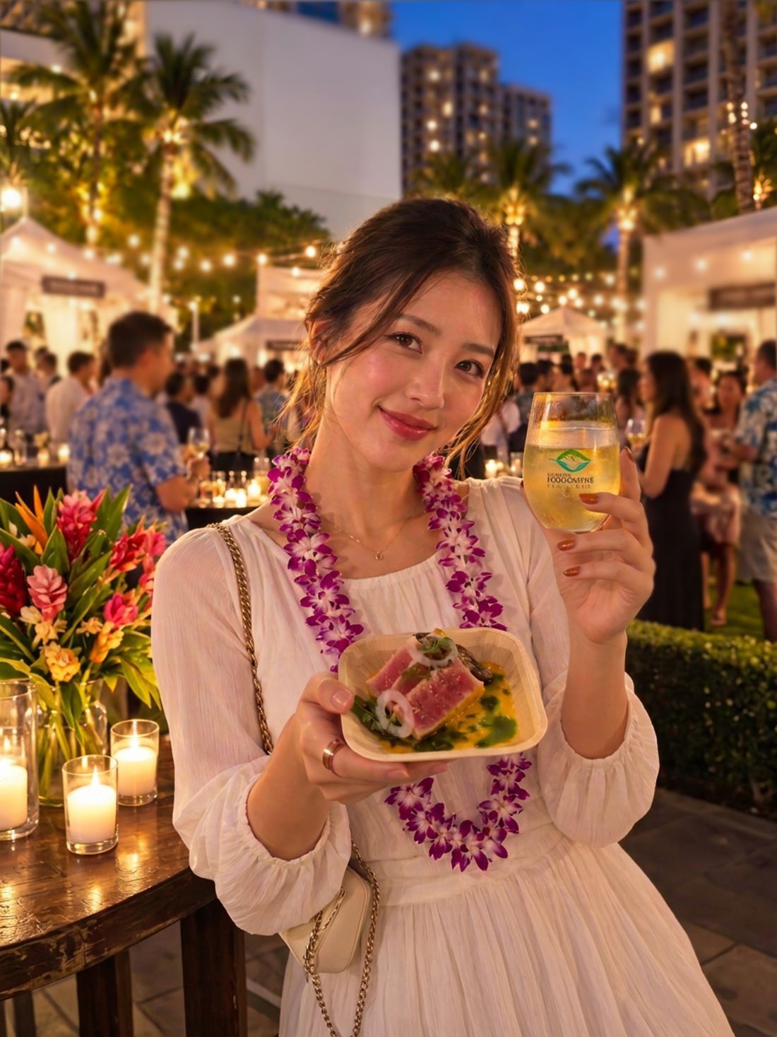A guest with a plate of cured fish and a glass of wine on the pool deck