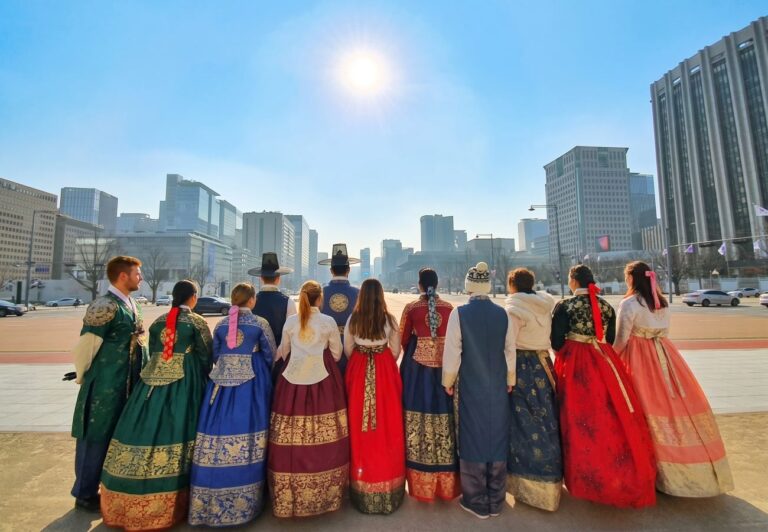 Travelers in hanbok at Gwanghwamun Square, Seoul