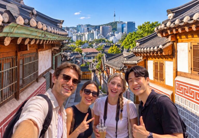 Travelers in Bukchon Hanok Village with N Seoul Tower behind
