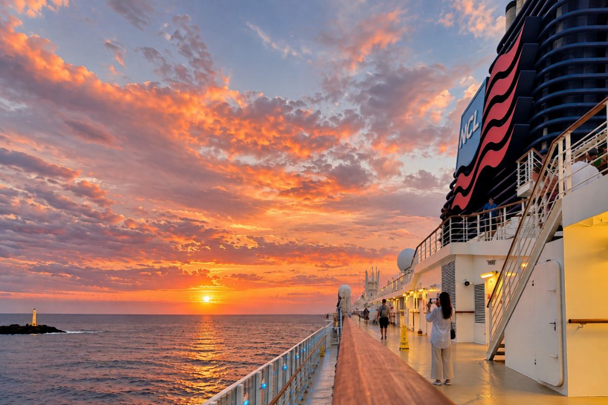 Sunset from the open promenade deck of Pride of America, with the NCL funnel above