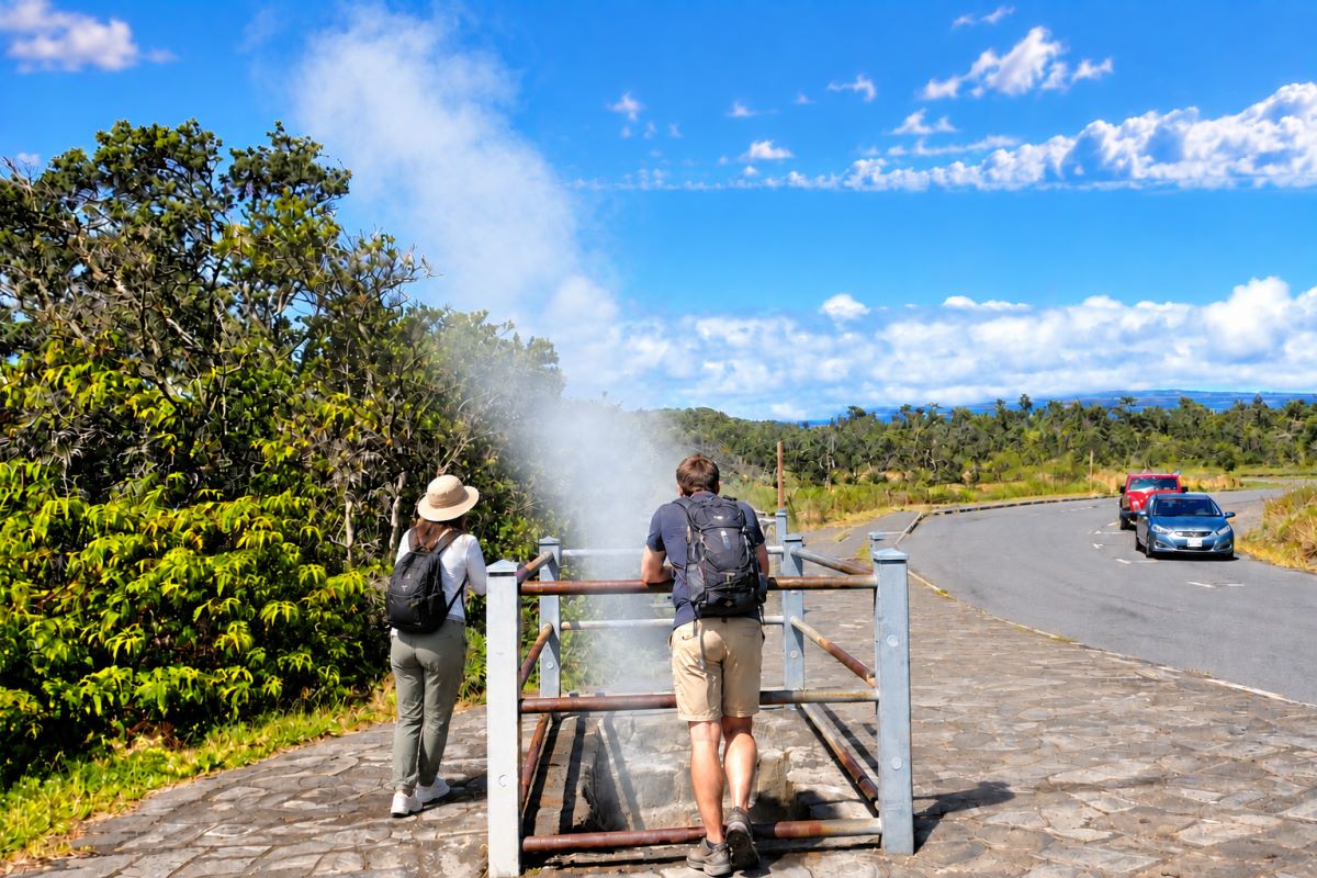 Visitors at the steam vents near the summit of Kilauea